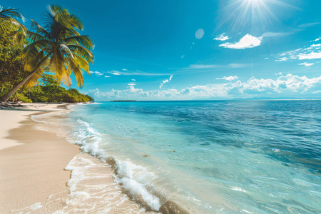 Tropical beach with clear blue water, white sand, and palm trees under sunny sky.の素材