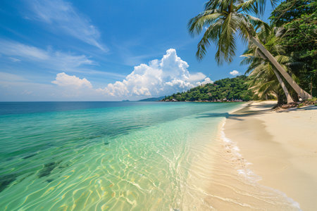 Tropical beach with clear turquoise water, white sand, and lush palm trees under a blue sky.の素材