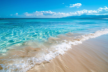 Crystal clear turquoise water meets golden sand under a bright, sunny sky.の素材