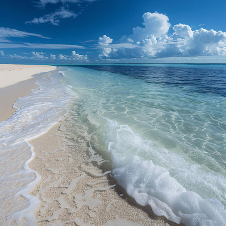 Tropical beach with clear blue water, white sand, and a cloudy sky.の素材