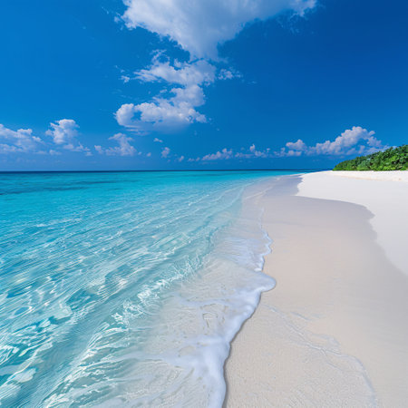 Pristine white sand beach with crystal-clear turquoise water under a clear blue sky.の素材