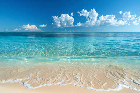 A tranquil beach scene with clear blue waters, white sand, and a vast sky.の素材