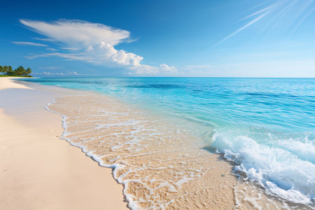 Pristine tropical beach with clear blue water under a sunny sky.の素材