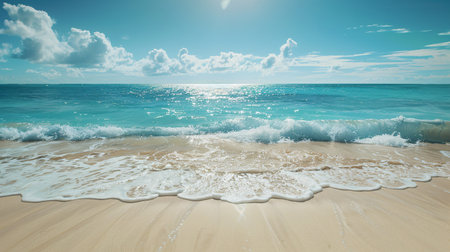 Peaceful beach with clear turquoise water, white sand, and a sunny sky.の素材