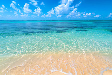 Crystal clear turquoise waters meet a pristine sandy beach under a clear blue sky.の素材