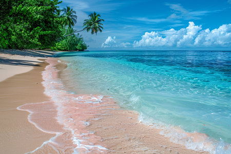 Tropical beach with clear blue water, white sand, and vibrant green palm trees.の素材