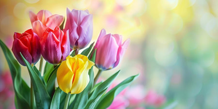 Bouquet of colorful tulips on bokeh background.の素材