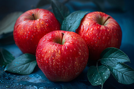 Ripe red apples with green leaves on a dark blue background.の素材