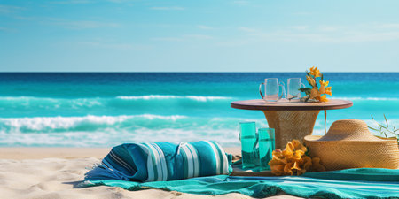Straw bag and hat on the beach with blue sea and sky background. Beach scene with turquoise water, nice ocean waves, and colorful beach accessories.の素材