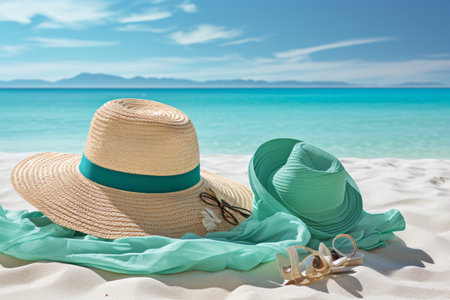 Straw bag and hat on the beach with blue sea and sky background. Beach scene with turquoise water, nice ocean waves, and colorful beach accessories.の素材