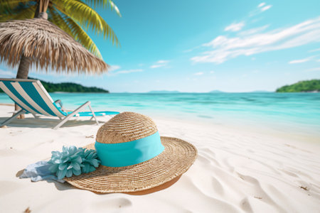 Straw bag and hat on the beach with blue sea and sky background. Beach scene with turquoise water, nice ocean waves, and colorful beach accessories.の素材