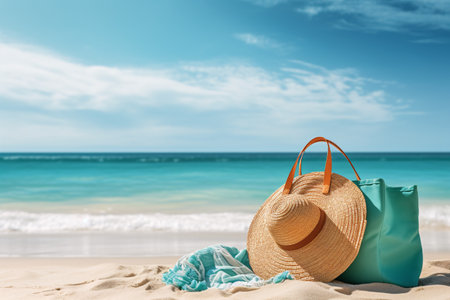 Straw bag and hat on the beach with blue sea and sky background. Beach scene with turquoise water, nice ocean waves, and colorful beach accessories.の素材