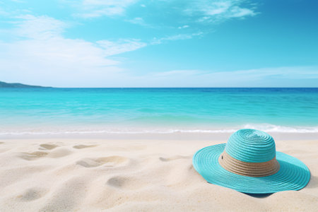 Straw bag and hat on the beach with blue sea and sky background. Beach scene with turquoise water, nice ocean waves, and colorful beach accessories.の素材