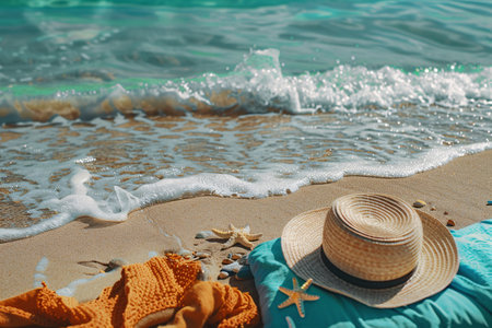 Straw bag and hat on the beach with blue sea and sky background. Beach scene with turquoise water, nice ocean waves, and colorful beach accessories.の素材