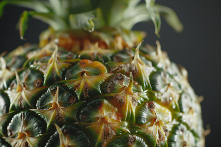 Pineapple close-up. Ripe tropical fruit on a dark background.の素材