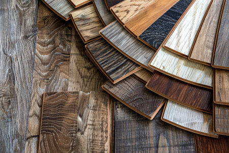 Array of natural-colored laminate and parquet floor samples, presented on oak wood.の素材