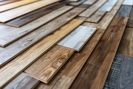 Array of natural-colored laminate and parquet floor samples, presented on oak wood.の素材