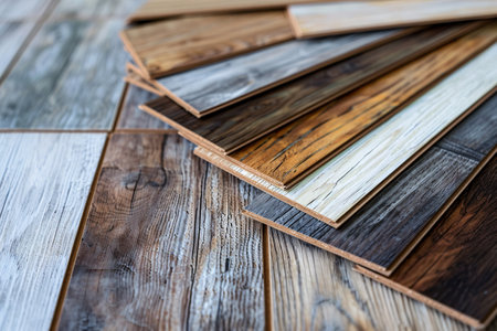 Collection of square vinyl tiles and wood laminate flooring samples.の素材