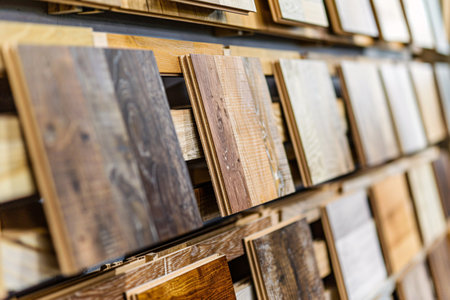Display of square-shaped wood laminate and vinyl tile samples.の素材