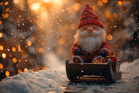 Christmas greeting card with Santa Claus on a wooden sled in the snowの素材