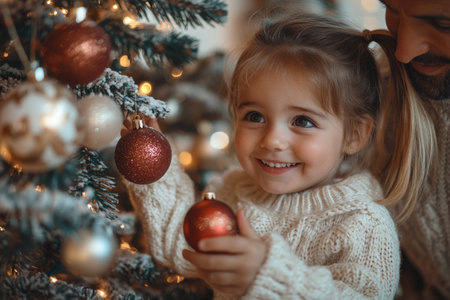 Father and little daughter decorate the Christmas tree with red balls.の素材