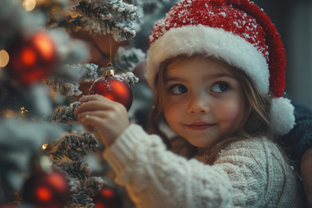 Cute little girl decorating the Christmas tree with red balls.の素材