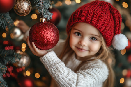 Portrait of a cute little girl in a red hat near the Christmas tree.の素材