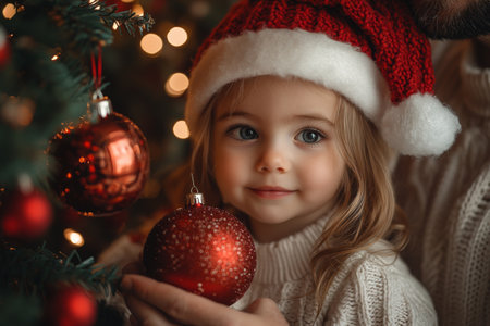 Cute little girl decorating Christmas tree with red bauble at homeの素材
