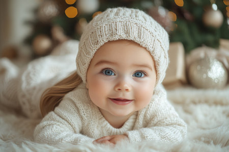 Portrait of a cute little girl in a white knitted hat.の素材