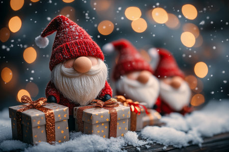 santa claus with gift box on snow with bokeh backgroundの素材