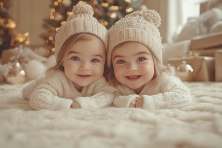 Cute little girls in knitted hats on the background of a Christmas treeの素材
