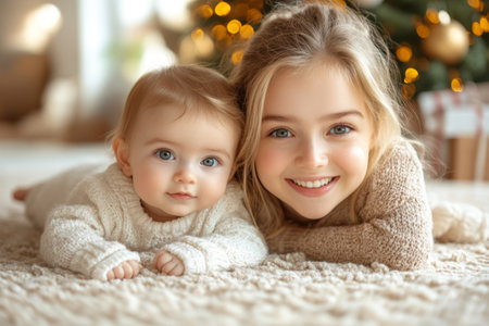 Cute little sisters at home on Christmas Eve, close-upの素材