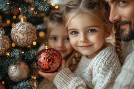 Cute little girl and her father decorate the Christmas tree with toysの素材