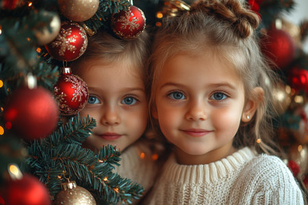 Portrait of a little girl and a little girl near the Christmas tree.の素材