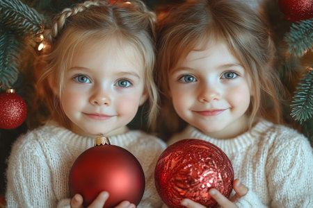 Cute little girls with Christmas tree and balls at home.の素材