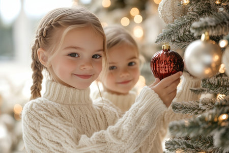 Cute little girls decorating Christmas tree at home, closeupの素材