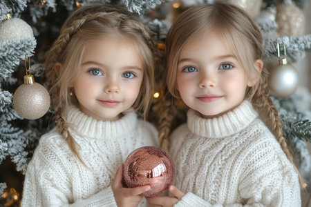 Two cute little sisters at the Christmas tree with a toy in handsの素材