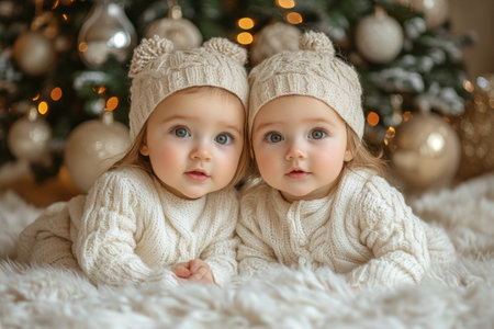 Cute little baby twins in knitted hats on Christmas background.の素材