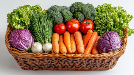 Fresh vegetables in a wicker basket on a white background. Healthy food.の素材
