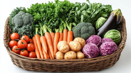 Fresh vegetables in a wicker basket on a white background. Healthy food.の素材