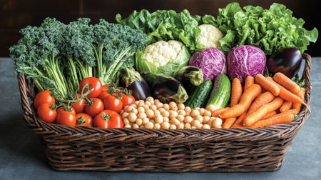 Fresh vegetables in a wicker basket on a gray background. Healthy food concept.の素材
