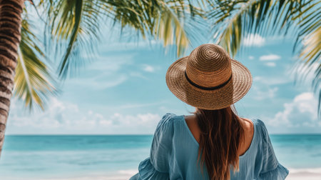 Back view of young woman in blue dress and straw hat on tropical beach with palm treesの素材