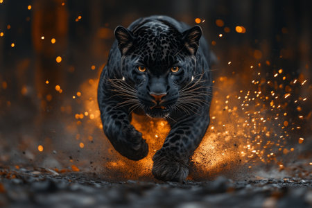 Leopard running in the dark forest. 3D rendering. Fantasy.の素材