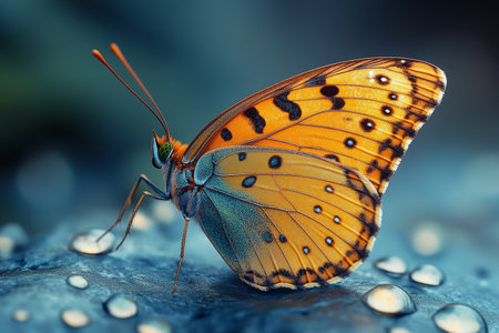 Butterfly on a leaf with dew drops close-upの素材