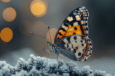Butterfly on a branch with snow and bokeh backgroundの素材