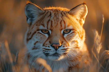 Close-up portrait of a big cat in the grass at sunsetの素材