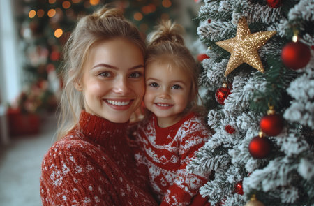 Mom and daughter decorate the Christmas tree. The concept of a happy family.の素材