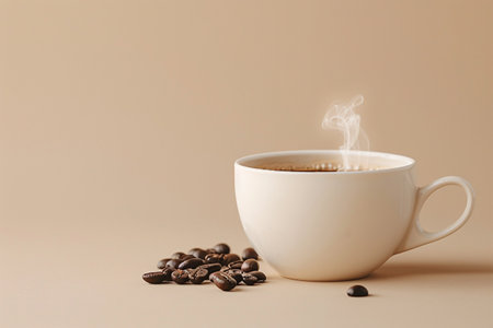 Cup of coffee and coffee beans on a beige background.の素材