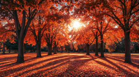 Autumn forest in the rays of the setting sun. Colorful trees.の素材