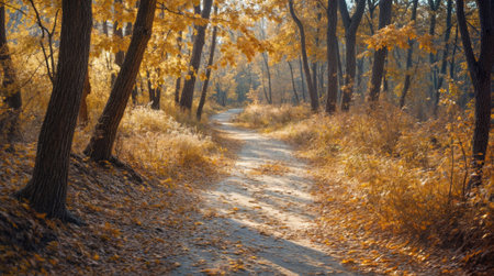Sunset in the autumn park with fallen leaves on the ground.の素材
